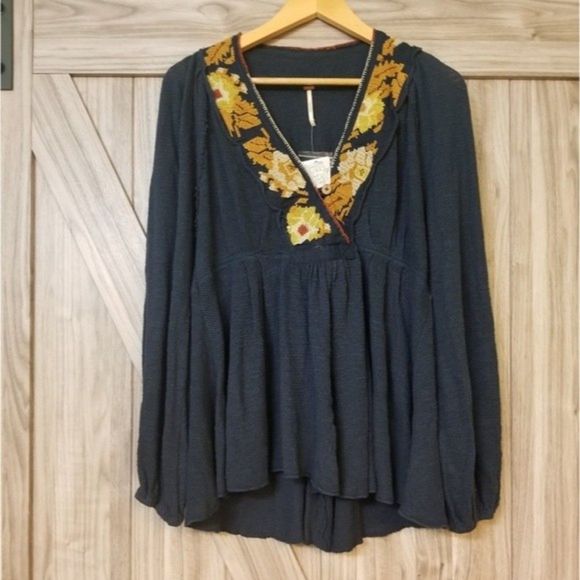 New Free People Rose Red Linen Blend Embroidered Blue - Picture 12 of 16